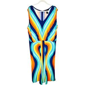 Ashley Stewart Rainbow Stripe Colorful Mermaid Maxi Dress Sz 30/32 5X Hippie 70s